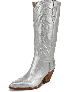Sam Edelman Women's James Silver Wide Calf Slip On Cowboy Boot Cuban heel